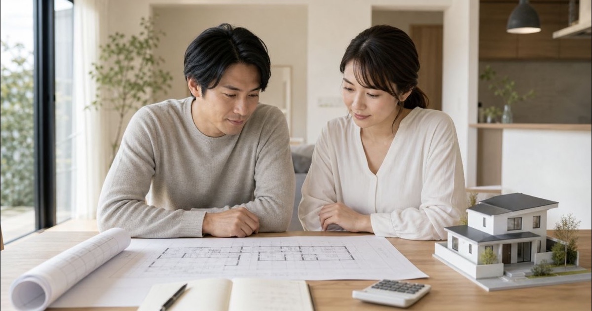 注文住宅の予算と間取りを相談する夫婦