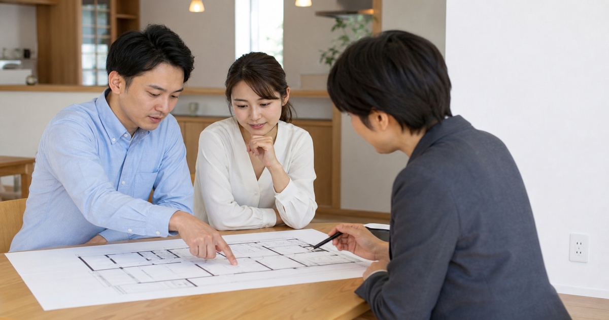 間取り図を見ながらコンセント位置を相談する夫婦