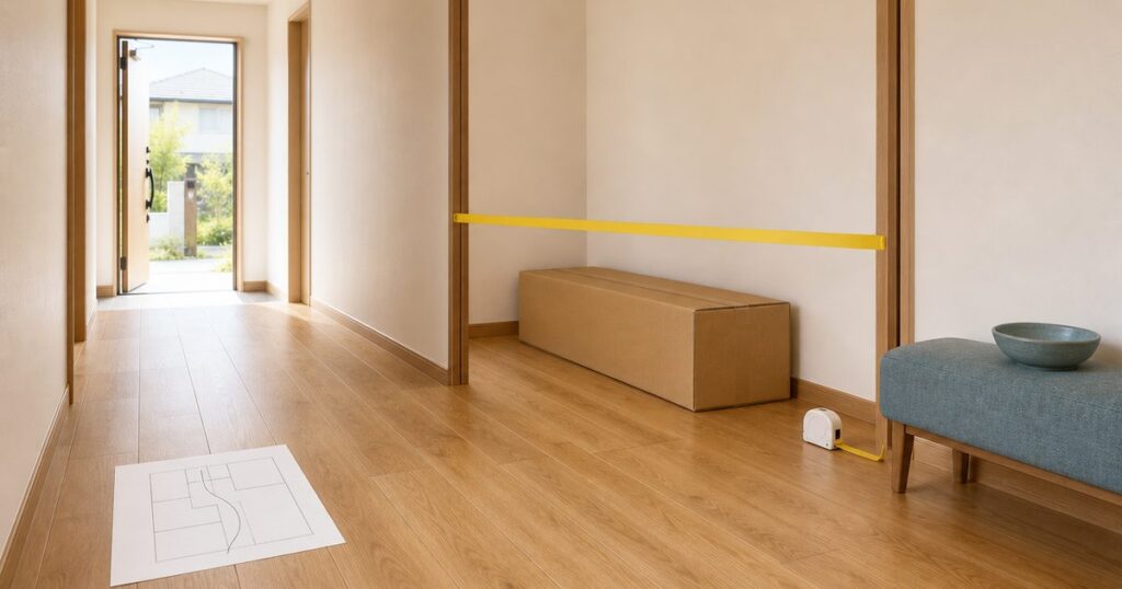 玄関から廊下の曲がり角へ家具箱を運ぶ経路を黄色いテープで確かめる様子